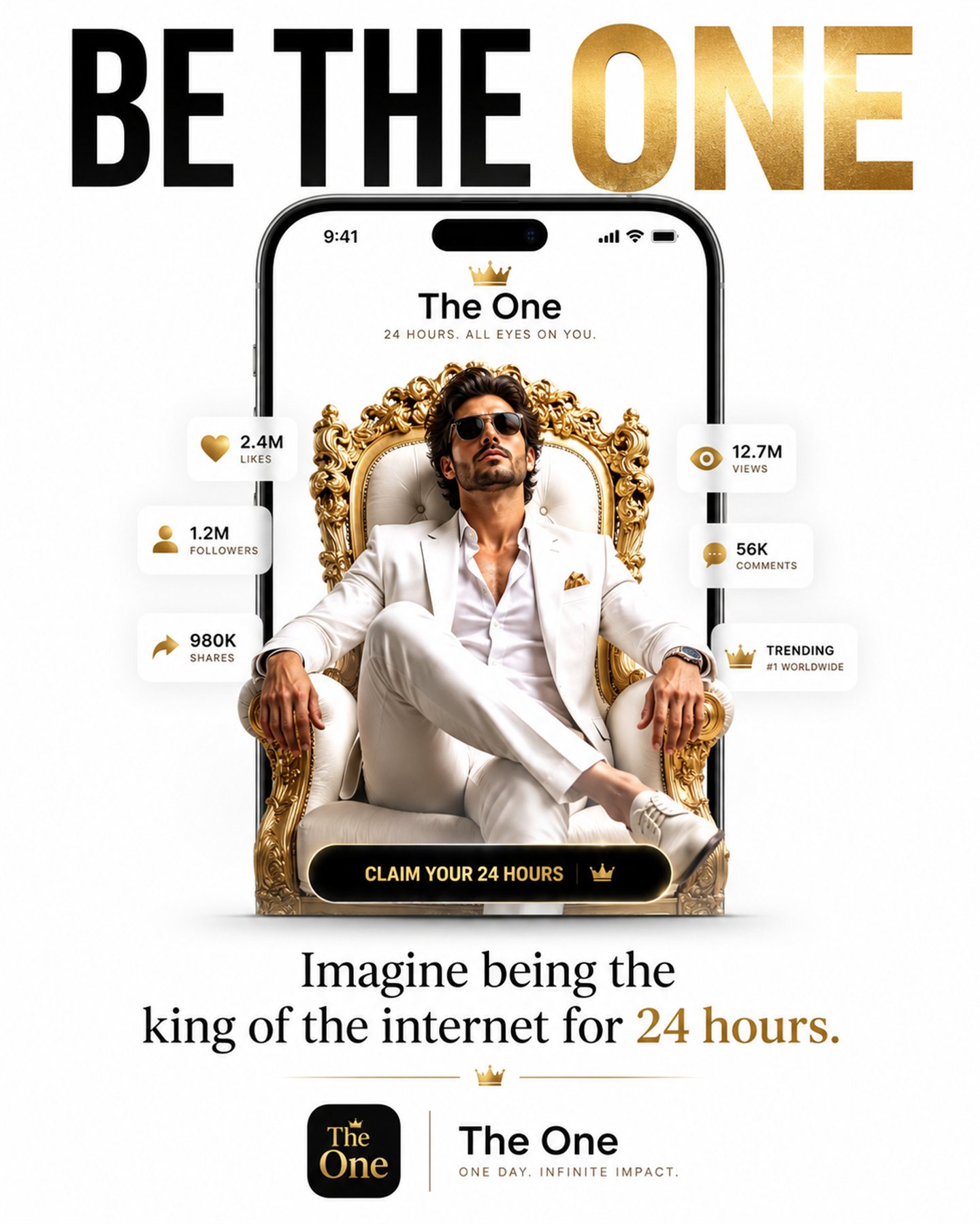 The One campaign visual showing a winner on a golden throne
